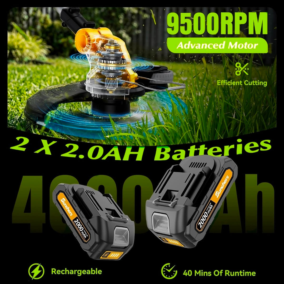 20V Electric Cordless String Trimmer, 2X 2.0Ah Battery Powered Lawn Trimmer